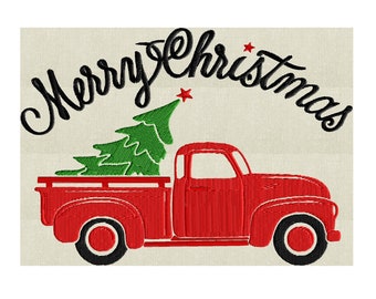 Retro Pickup truck with Christmas Tree &quot;Merry Christmas&quot; - EMBROIDERY DESIGN file - Instant download - Hus Exp Jef Vp3 Pes Dst - 2 sizes