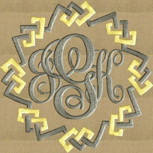 Könnte beinhalten: Ein graues Monogramm mit den Buchstaben "JLF" in einer kursiven Schriftart, umgeben von einem geometrischen gelben und grauen Rand.