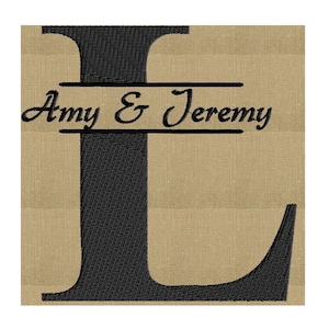 May include: A black embroidered letter L with the names Amy & Jeremy written in cursive above a double line.