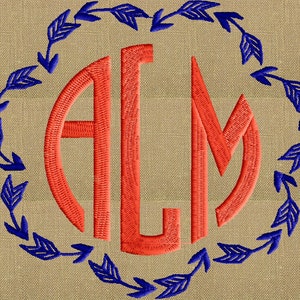 May include: A monogram with the letters "ALM" in a red circle surrounded by a blue wreath of arrows.