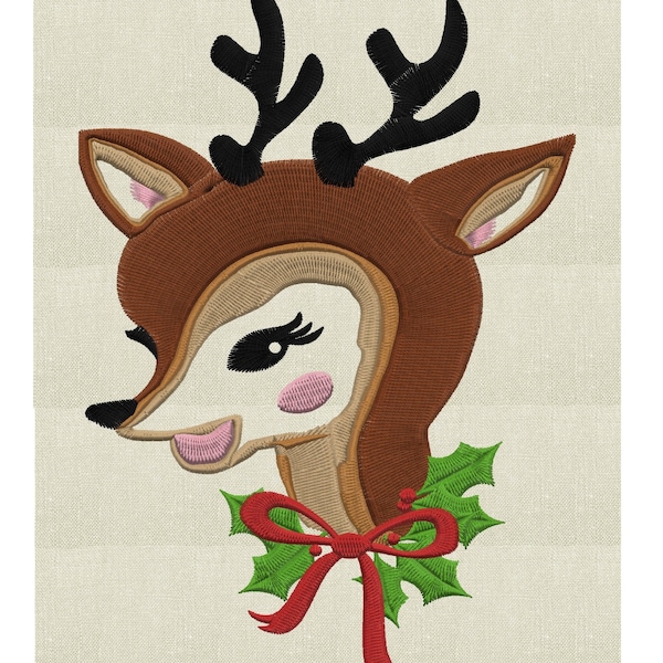 Retro MCM Baby Stag Buck Deer w Holly Wreath Bow - Embroidery Design Embroidery DESIGN FILE  - Instant download - 7Hus Dst Jef Pes Exp Vp3