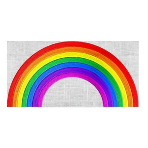 May include: A rainbow arch with red, orange, yellow, green, blue, indigo, and violet stripes on a white background.