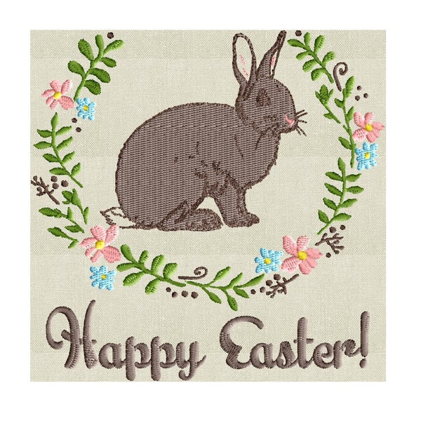 Happy Easter w Bunny and wreath - Embroidery Design Embroidery DESIGN FILE  Instant download 2 sizes and 6 colors - Hus Dst Jef Pes Exp Vp3