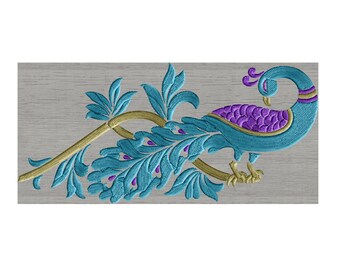 May include: Embroidered design of a peacock with a blue body, purple head and tail feathers, and gold accents. The peacock is perched on a branch with green leaves.