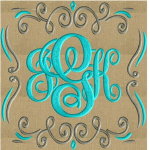 Könnte beinhalten: Ein türkisfarbenes Monogramm mit den Buchstaben "K.R." in einer kursivschriftlichen Schriftart. Das Monogramm ist von einem dekorativen Rand aus grauen Schnörkeln umgeben.