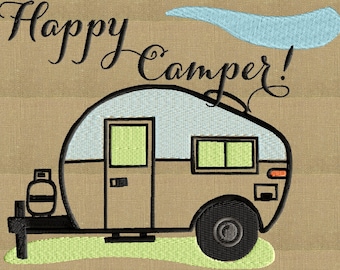 May include: A brown and white camper with a blue roof and a blue cloud above it. The camper has a door, two windows, and a propane tank. The text "Happy Camper!" is written in cursive above the camper.