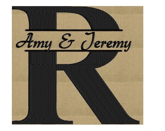May include: A black embroidered letter R with the names Amy & Jeremy written above it on a beige fabric background.