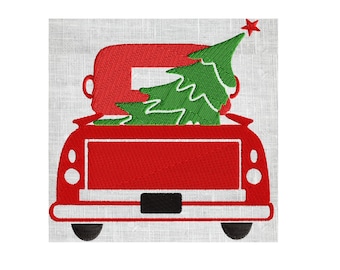 Retro Pickup truck with Christmas Tree from the back - EMBROIDERY DESIGN file - Instant download - Hus Exp Jef Vp3 Pes Dst - 2 sizes