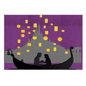 May include: Silhouette of a couple in a gondola with a purple background and yellow lanterns floating in the air. The couple is holding hands and looking at each other. The silhouette of a castle is in the background.