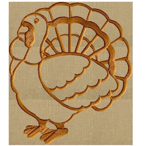 May include: Embroidered design of a brown turkey with a fan-shaped tail, on a beige linen background.
