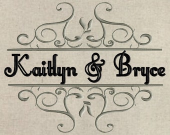 May include: A decorative wedding banner with a gray floral design and the names "Kaitlyn & Bryce" in black script.