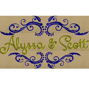 May include: Embroidered design with blue and green swirls and the text "Alyssa & Scott".