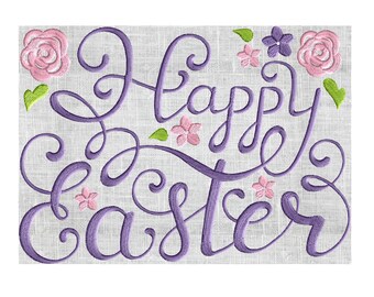 May include: Purple embroidered lettering that says "Happy Easter" with pink flowers and green leaves surrounding the text.