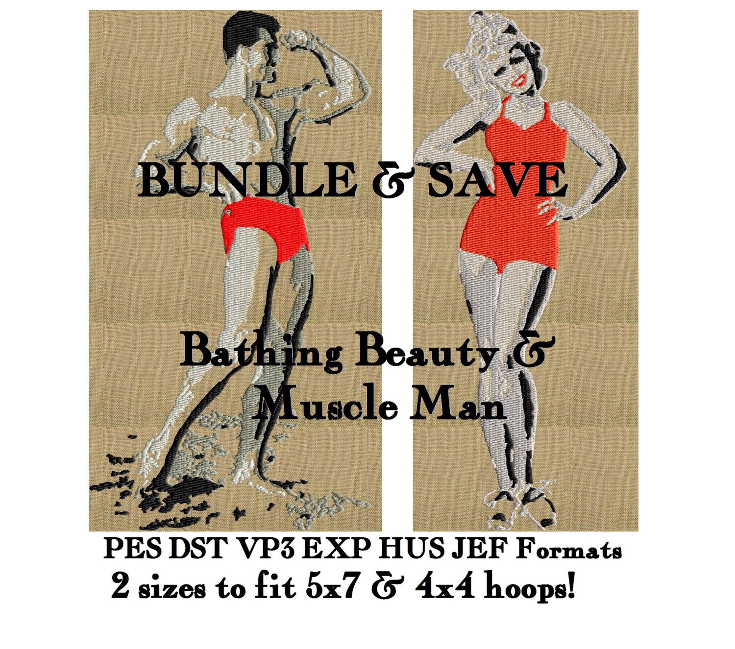 Bathing Beauty & Muscle Man BUNDLE - Embroidery Design Embroidery DESIGN FILE  - Instant download - Dst Hus Jef Pes Exp Vp3 formats