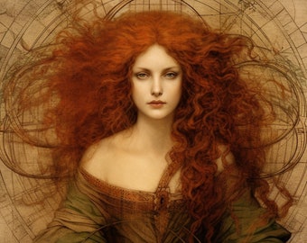 Puede incluir: Impresión de arte digital de una mujer con largo cabello rojo y una expresión serena. Viste un vestido verde con detalles dorados y sostiene un objeto circular con barras verticales. El fondo presenta un diseño arquitectónico en tonos sepia.