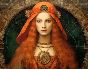Puede incluir: Una mujer con el pelo largo y rojo fluyente lleva una túnica naranja brillante con capucha y un collar de oro con un gran colgante adornado. Tiene una expresión seria y mira directamente al espectador.