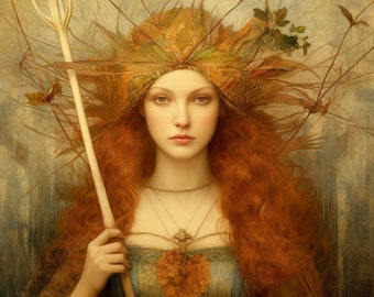 Puede incluir: Una mujer con el pelo largo y rojo que fluye lleva una corona de hojas de otoño y sostiene un bastón de madera. Lleva un vestido fluido con un colgante en forma de corazón.