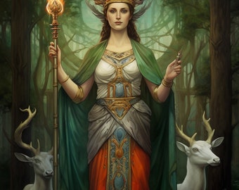Puede incluir: Pintura digital de una mujer en un entorno forestal. Lleva una corona dorada, una capa verde y un vestido blanco y naranja. Sostiene un báculo con una llama y está entre dos ciervos blancos.