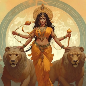 Puede incluir: Ilustración de una mujer con un sari amarillo, adornada con joyas de oro y una corona, de pie entre dos leones. Sostiene una flor de loto y un bastón, sobre un fondo de un halo dorado y un cielo azul claro.