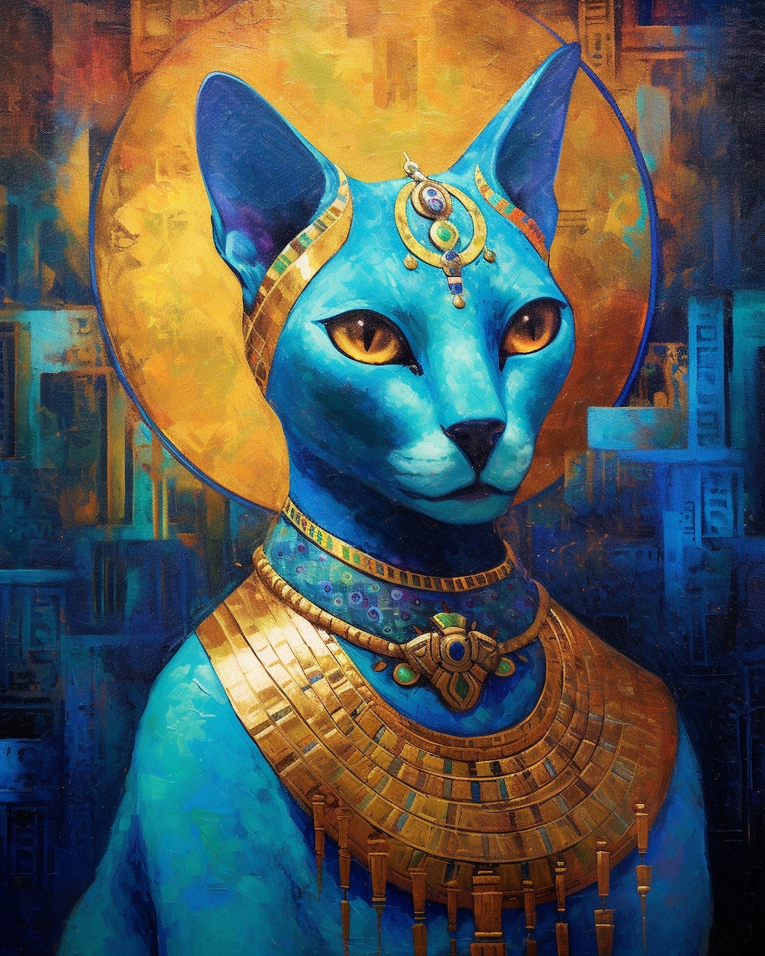 Bastet Cat Goddess of Ancient Egyptian, Bast, Egypt, Blue Pharaoh Style