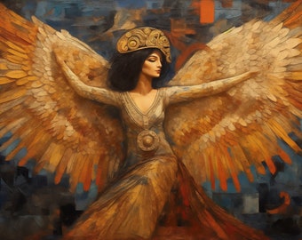 Può includere: Un dipinto di una donna con le ali, che indossa una corona d'oro e un lungo abito fluido. Lo sfondo è un mix di blu, arancione e marrone.