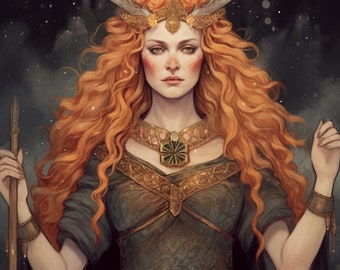 Puede incluir: Una mujer con el pelo largo y rizado rojo lleva una corona de cuernos y flores. Lleva un vestido verde y dorado con un collar y pulseras de oro. Sostiene un bastón en su mano derecha.