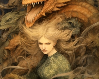 Puede incluir: Una mujer con el pelo largo y rubio se encuentra rodeada de un grupo de criaturas fantásticas. Las criaturas son una mezcla de dragones, grifos y otras bestias míticas. La mujer lleva un vestido verde con un estampado floral. El fondo es una niebla oscura y arremolinada.