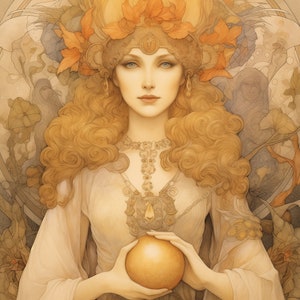 Puede incluir: Una mujer con el pelo largo, rizado y dorado lleva una corona de hojas y sostiene un orbe dorado en sus manos. Lleva un vestido blanco fluido con un collar y pendientes de oro. El fondo es un suave dorado apagado.