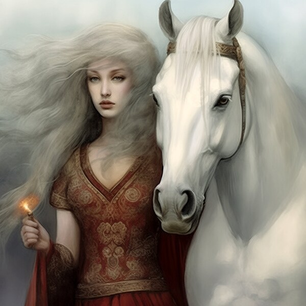 Rhiannon - Welsh Goddess of horses, forgiveness, rebirth, the moon, and fertility - digital download