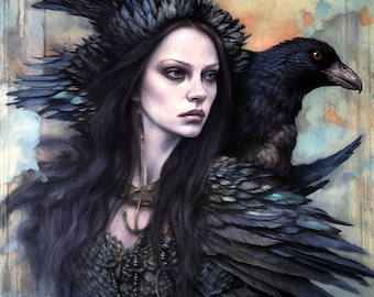 May include: A woman with long dark hair wears a crown of black feathers and a feathered cloak. A black raven sits on her shoulder. The background is a watercolor wash of blue and orange.