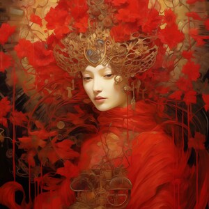 Pode incluir: Uma mulher com uma coroa de flores vermelhas e um adereço de cabeça dourado ornamentado. Ela está vestindo um vestido vermelho e tem um olhar suave e etéreo. O fundo é um borrão de vermelho e dourado.