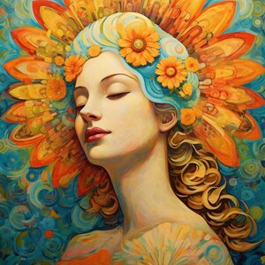 May include: A painting of a woman with her eyes closed, wearing a crown of orange and yellow flowers. The background is a swirling pattern of blue and green.