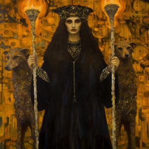 Hecate, Hekate - Goddess of the Moon, Witches and Sorcery, two hounds, torches, golden digital download