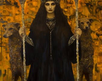 May include: A woman in a black robe and a crown holds two torches with flames. She stands between two brown dogs with a gold necklace around her neck.