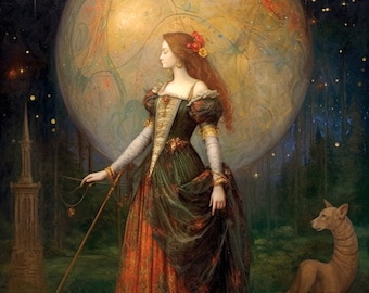 Lámina artística de la diosa Artemisa, Luna, Caza, Mitología (Descarga digital)