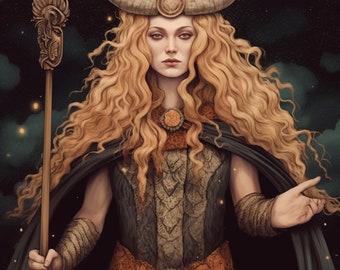 Puede incluir: Una mujer con el pelo largo y rubio que fluye lleva una túnica oscura con un cinturón naranja y una corona con cuernos. Sostiene un bastón con una parte superior decorativa. El fondo es azul oscuro con estrellas doradas.