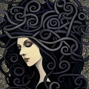 Medusa - dark goddess, Gorgon, snakes, serpents, Greek Mythology, in the style of Aubrey Beardsley - digital download