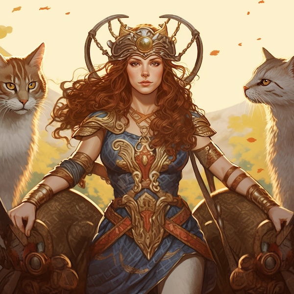 Freyja and her Chariot of Cats - Norse Goddess Freya of love, fertility, battle, and death - digital download