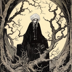 Baba Yaga - Dark Crone Goddess of Woman, hag witch, in the style of Aubrey Beardsley digital download