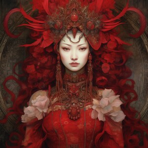 Pode incluir: Uma mulher com um vestido vermelho com um grande chapéu de penas vermelhas e joias ornamentadas. A mulher tem uma expressão séria e olha diretamente para o espectador.