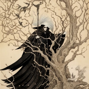 Baba Yaga - Dark Crone Goddess of Woman, hag witch, in the style of Aubrey Beardsley digital download