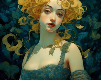 Pode incluir: Um retrato de uma mulher com cabelo loiro encaracolado usando um vestido azul. O fundo é verde escuro com folhas.