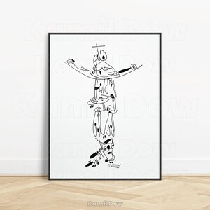 May include: Black and white line art drawing of a person with arms outstretched, with the word "Kamil Dow" written in cursive at the bottom.