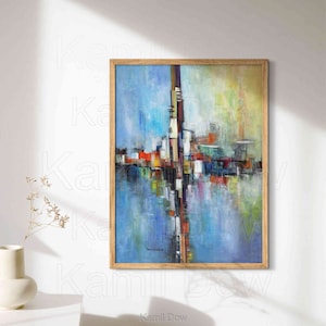 Abstract Wall Art Print, Cross Blue Yellow Abstract Huizen kubistisch esthetisch interieur decor, papier of canvas print, schilderij van Kamil Dow