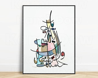 Può includere: Stampa d'arte astratta con forme geometriche e linee colorate in tonalità di blu, verde, giallo, rosso e nero. L'opera è incorniciata in una cornice nera e porta la firma dell'artista in basso a sinistra.