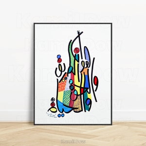 May include: A colourful abstract painting with black lines and geometric shapes. The painting is in a white frame with a black mount. The artist's signature is in the bottom left corner.
