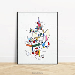 May include: Abstract calligraphy artwork in black, white, red, orange, yellow, green, blue, and purple. The artwork is framed in a black frame and the artist's name, "Kamil Dow", is written in black at the bottom of the image.