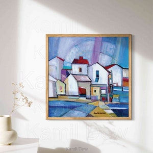 Abstracte huizen Wall Art Print, stedelijk esthetisch interieur, papier of canvas print, schilderij van Kamil Dow