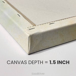 Pu&ograve; includere: Primo piano del bordo di un dipinto su tela, che mostra la profondit&agrave; della cornice di 1,5 pollici. La tela &egrave; bianca e la cornice &egrave; in legno.