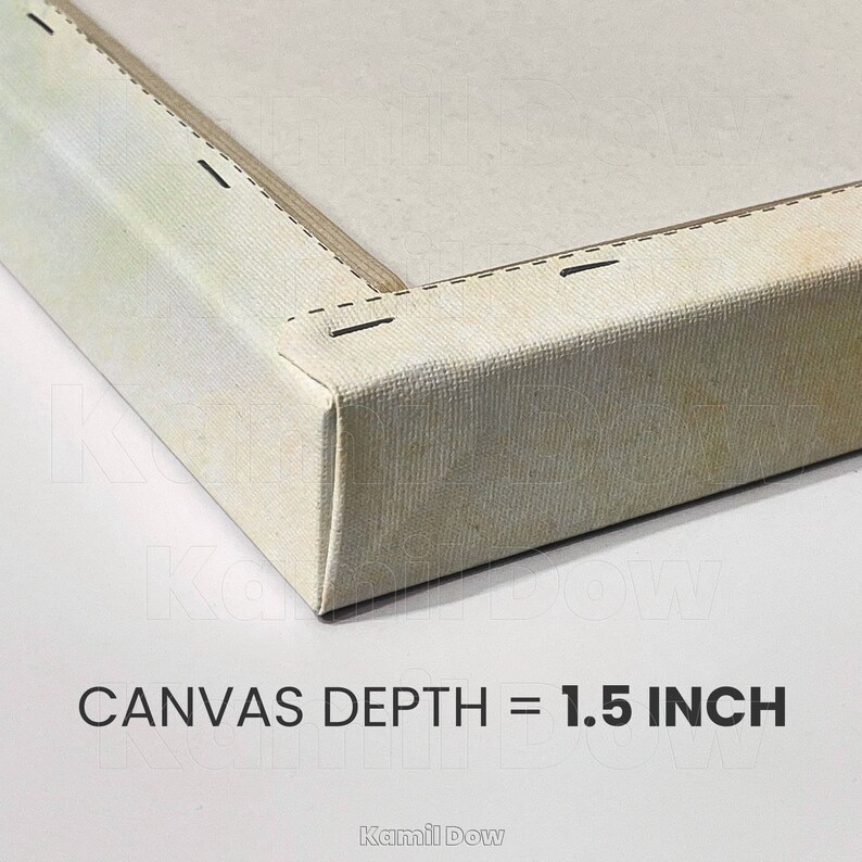 Pu&ograve; includere: Primo piano del bordo di un dipinto su tela, che mostra la profondit&agrave; della cornice di 1,5 pollici. La tela &egrave; bianca e la cornice &egrave; in legno.